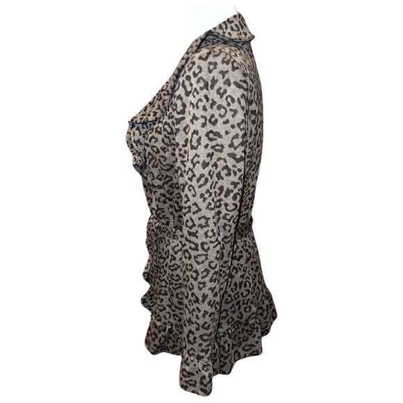Sandro Studio Black Grey Leopard Print Ruffle Front Belted Jacket Size Medium - Picture 4 of 7